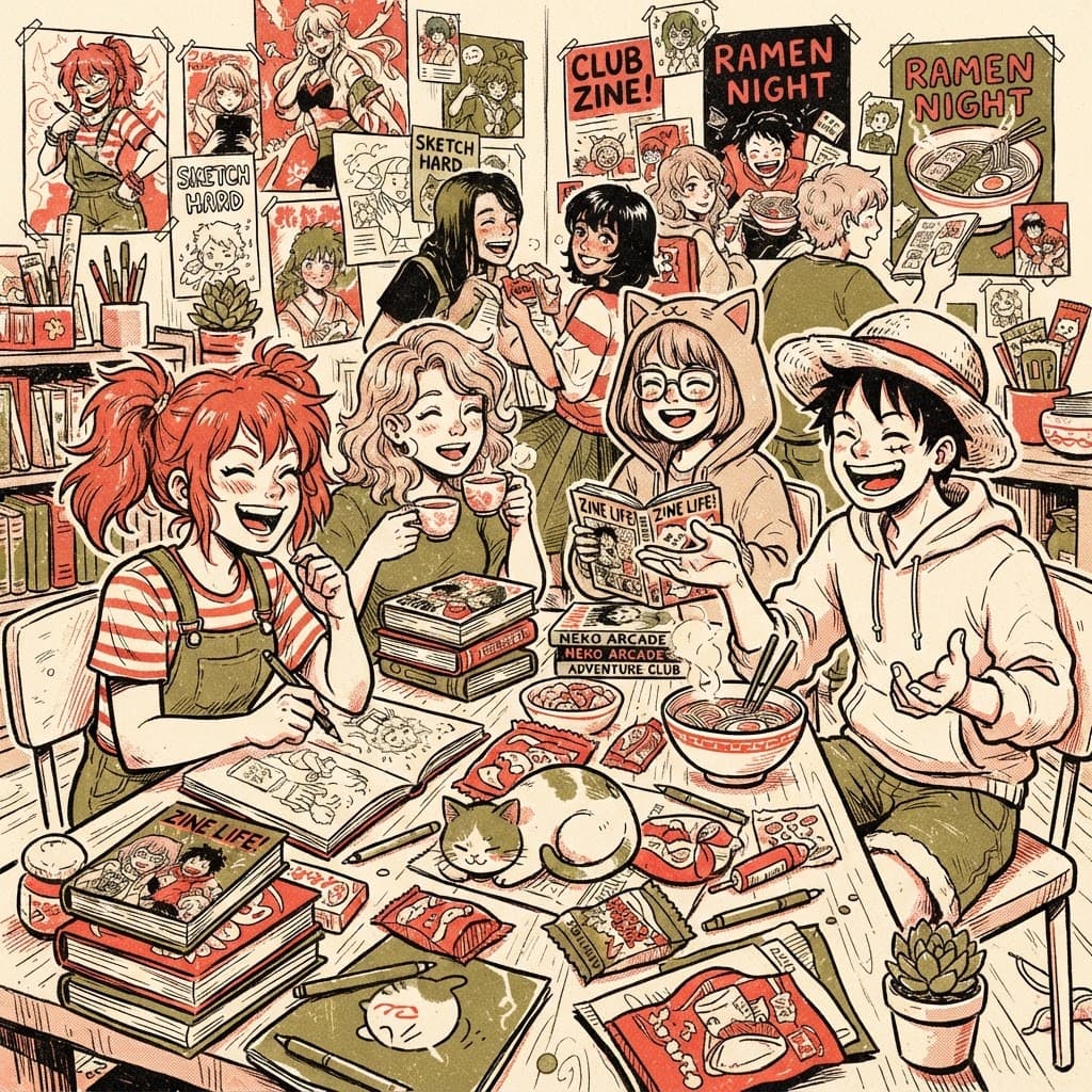 Friends gathered around a table full of manga, sketchbooks, and ramen