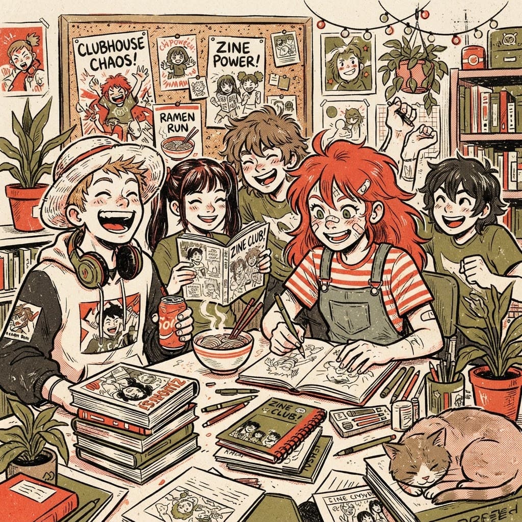 Friends gathered around a table full of manga, sketchbooks, and ramen