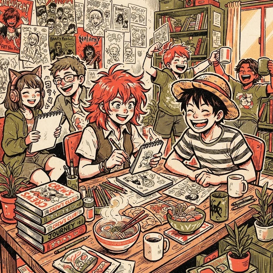 Anime fans drawing, reading manga, and sharing ramen around a clubhouse table